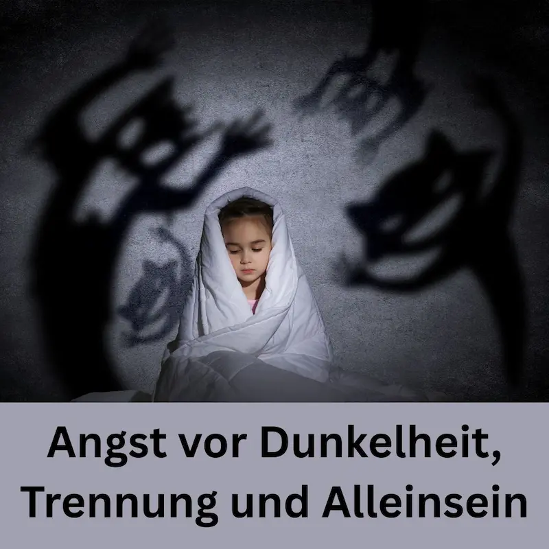 Angst vor Dunkelheit und Alleinsein bei Kindern Kind liegt eingehüllt in eine Decke im Dunkeln, umgeben von Schatten – typische Darstellung von Angst vor Dunkelheit, Trennung und Alleinsein bei Kindern